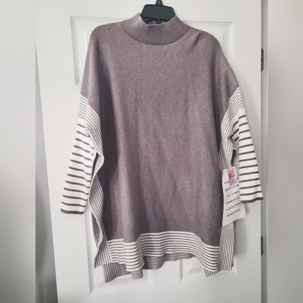 Chic Wish Lie In Gray Fields Stripe Oversize Knit Cape Sweater, Gray, Size Large